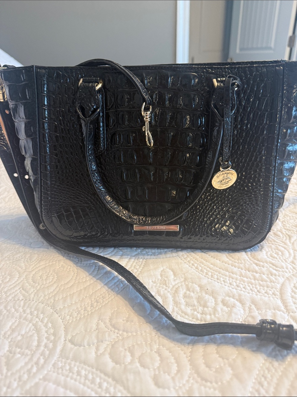 Brahmin Black Croc-Embossed Structured Satchel